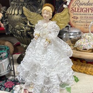 Elegant White Lace Angel Figurine with Gold Wings or tree topper